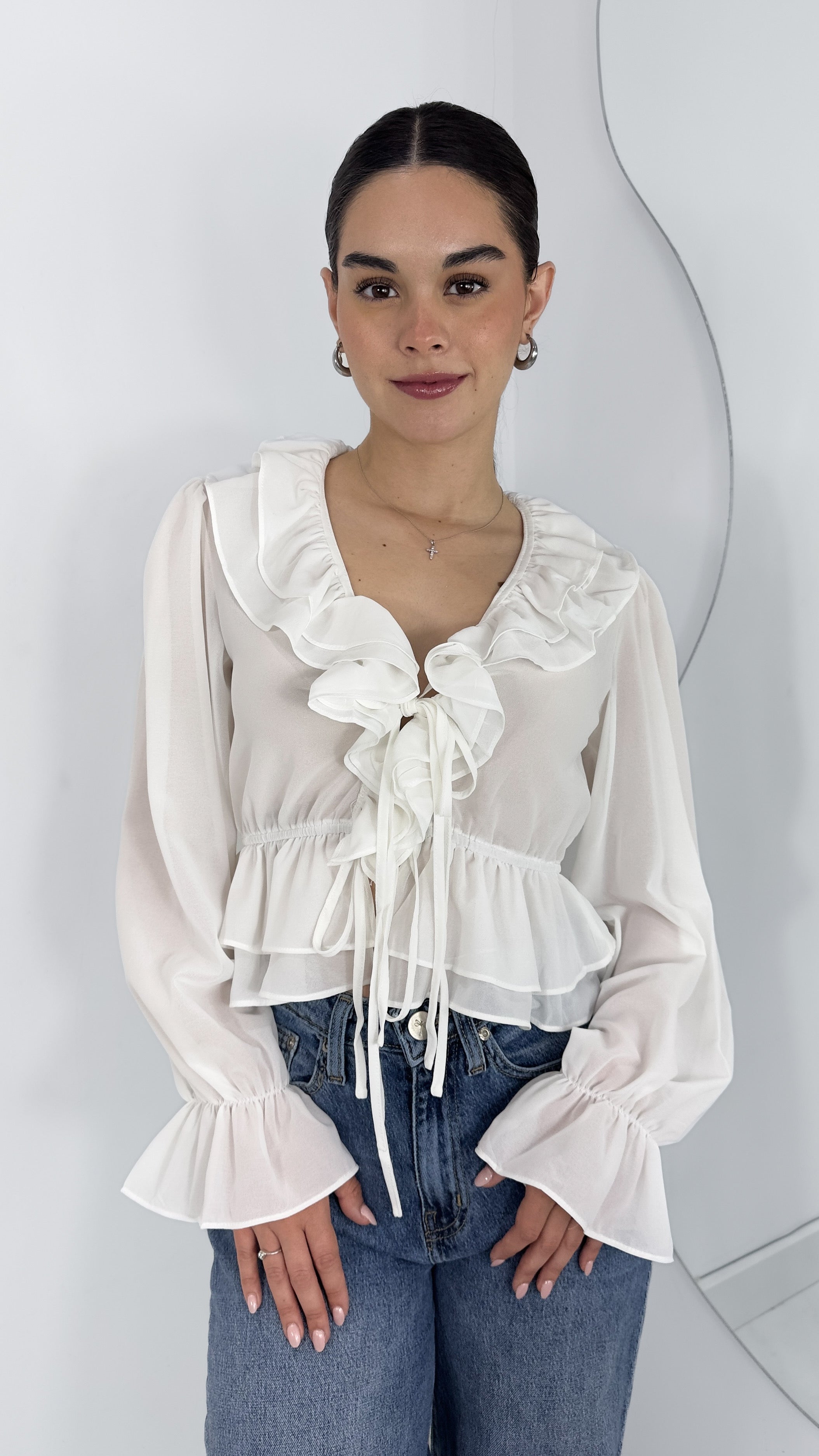 BLUSA MANGA LARGA VOLANTES BOHO BLANCA