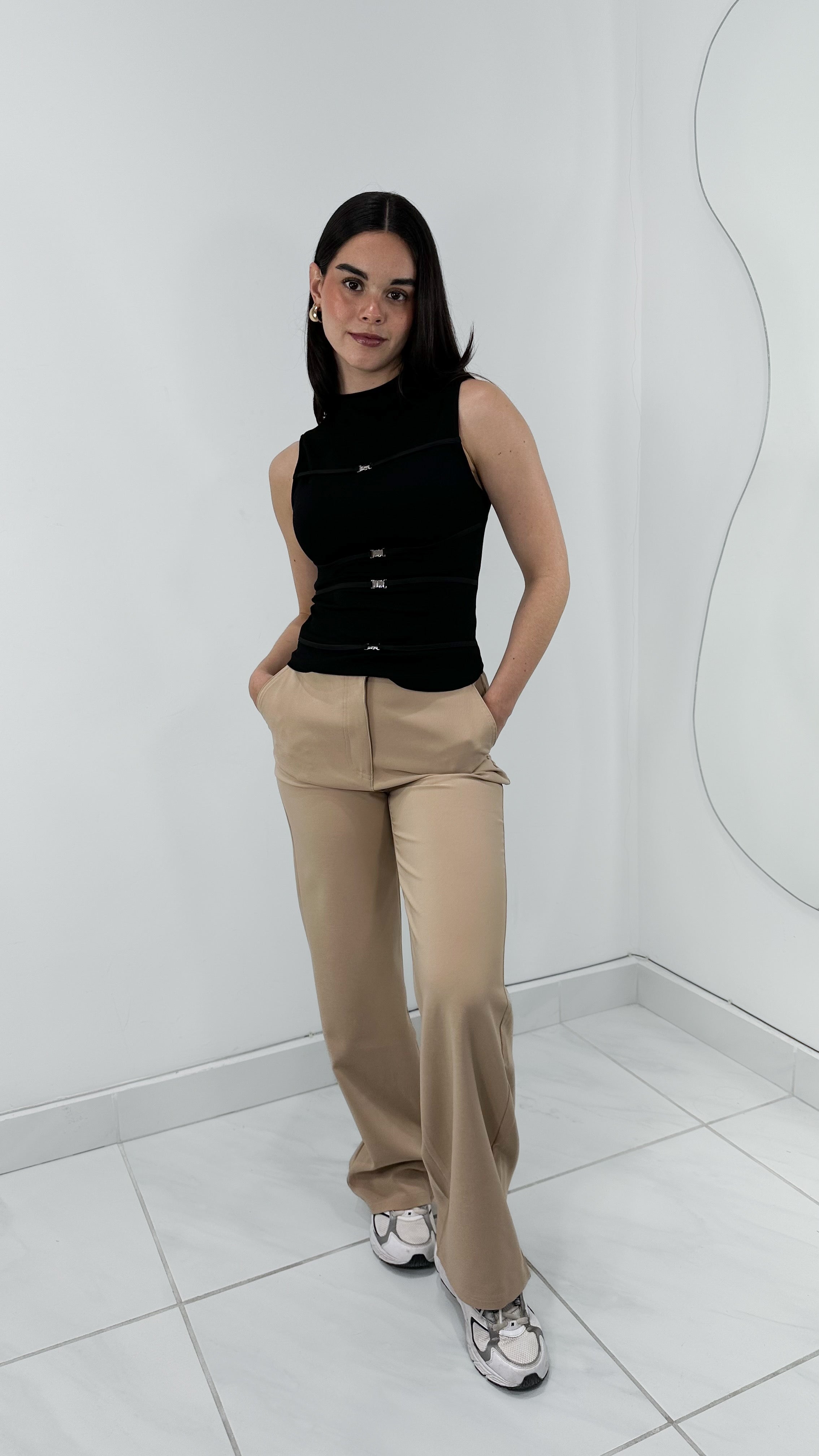 PANTALÓN TIRO ALTO WIDE LEG KHAKI ELÁSTICO CINTURA