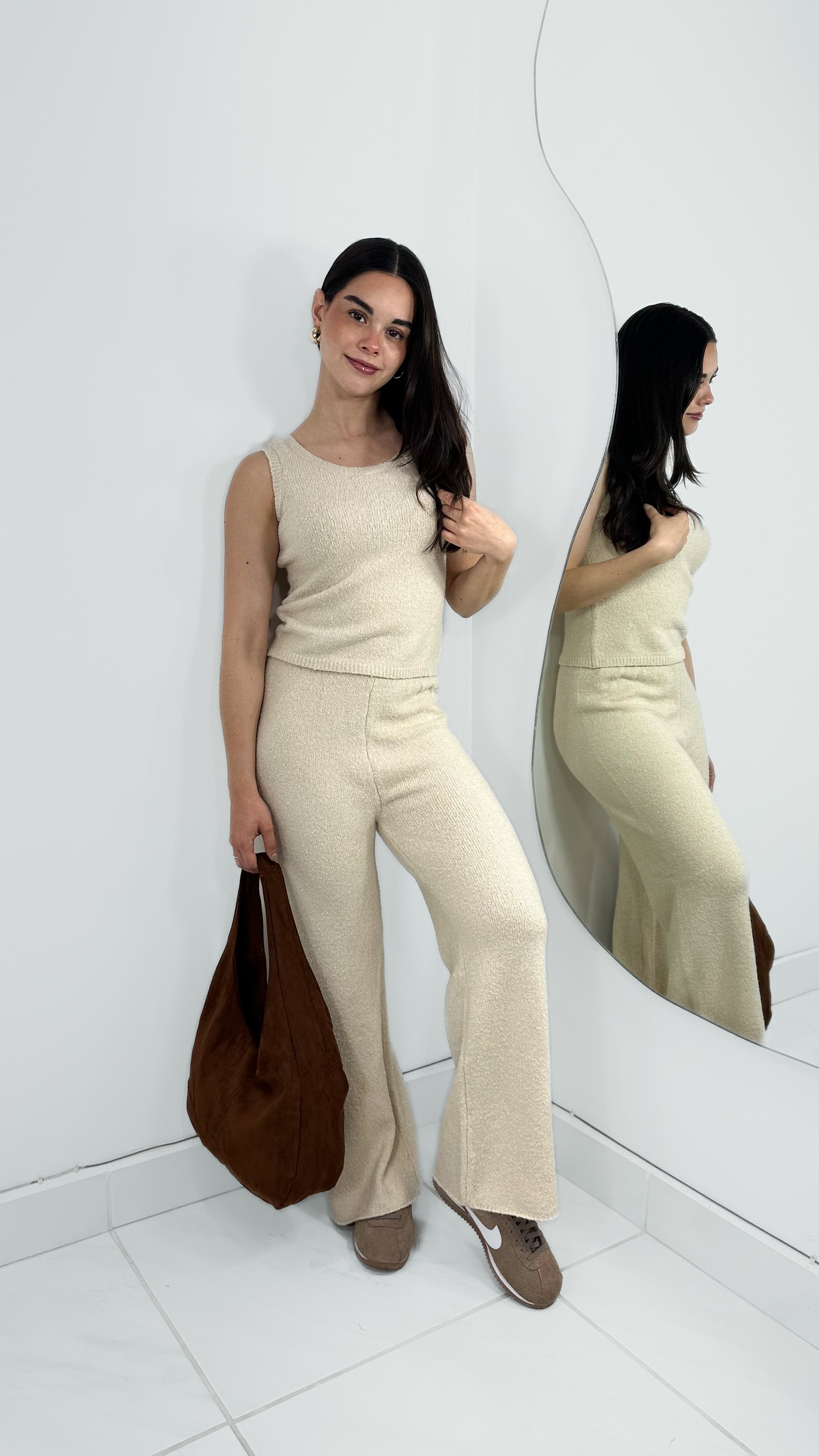 PANTALÓN PANTS TIRO ALTO BEIGE AFELPADO