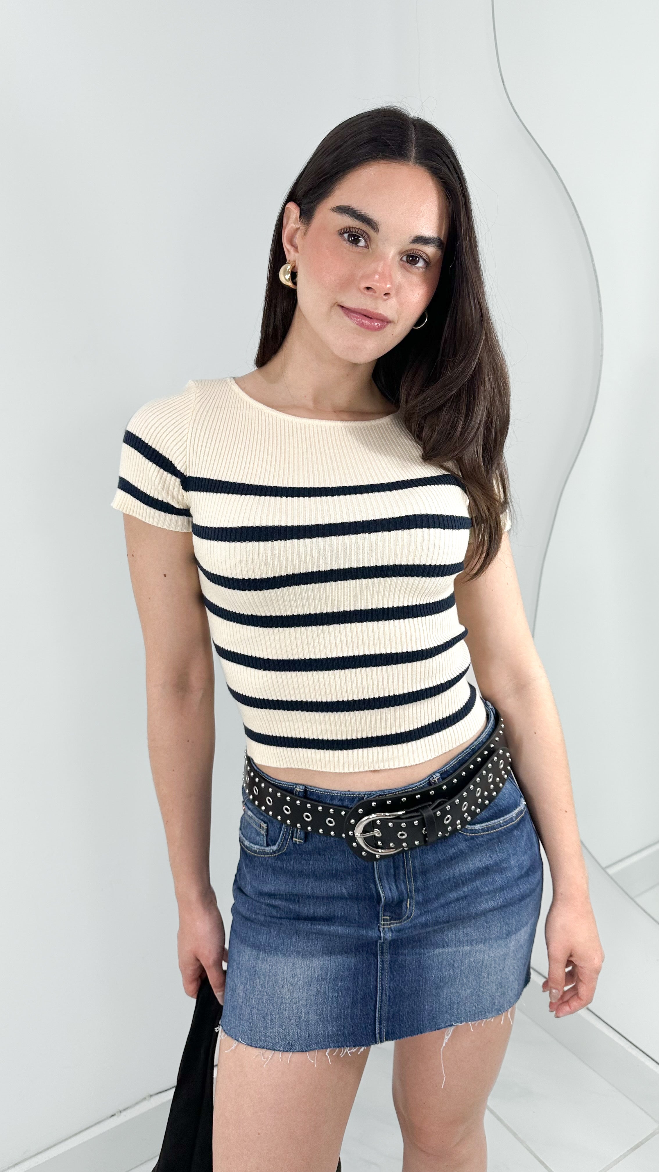 BLUSA MANGA CORTA DE PUNTO NAVY & IVORY