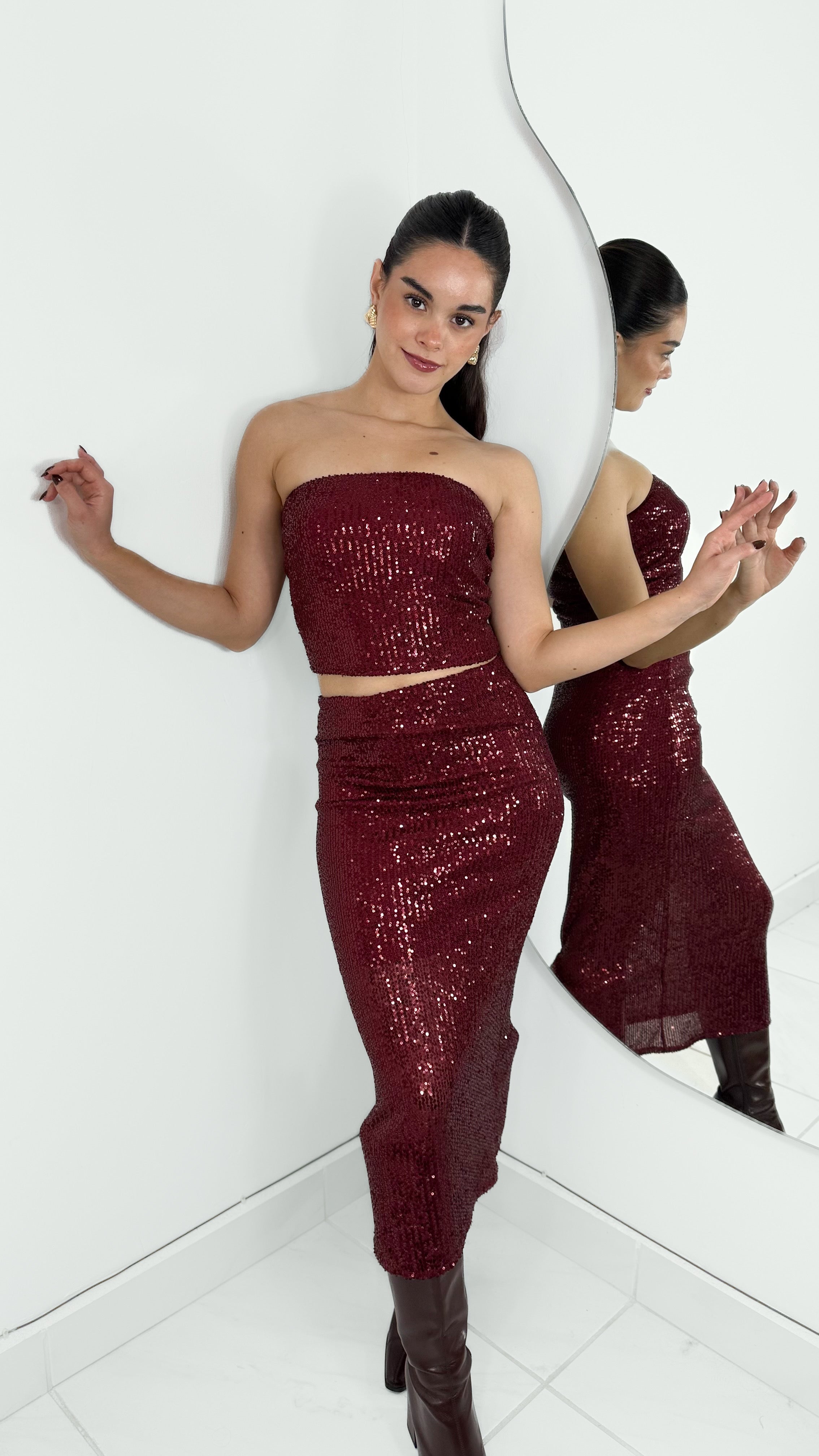 TOP STRAPLESS SEQUIN BURGUNDY