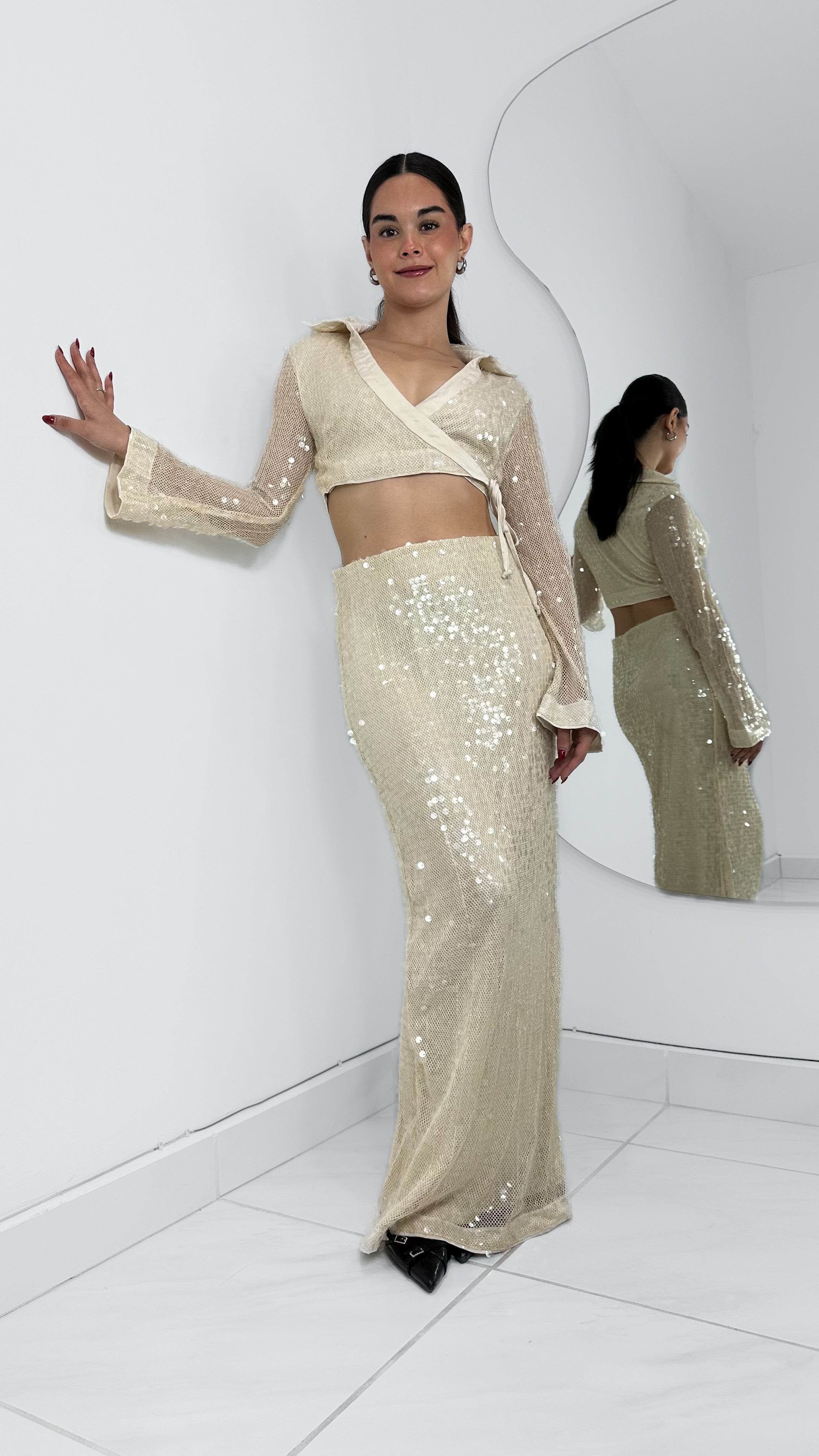 MAXI FALDA TIRO ALTO IVORY SEQUIN