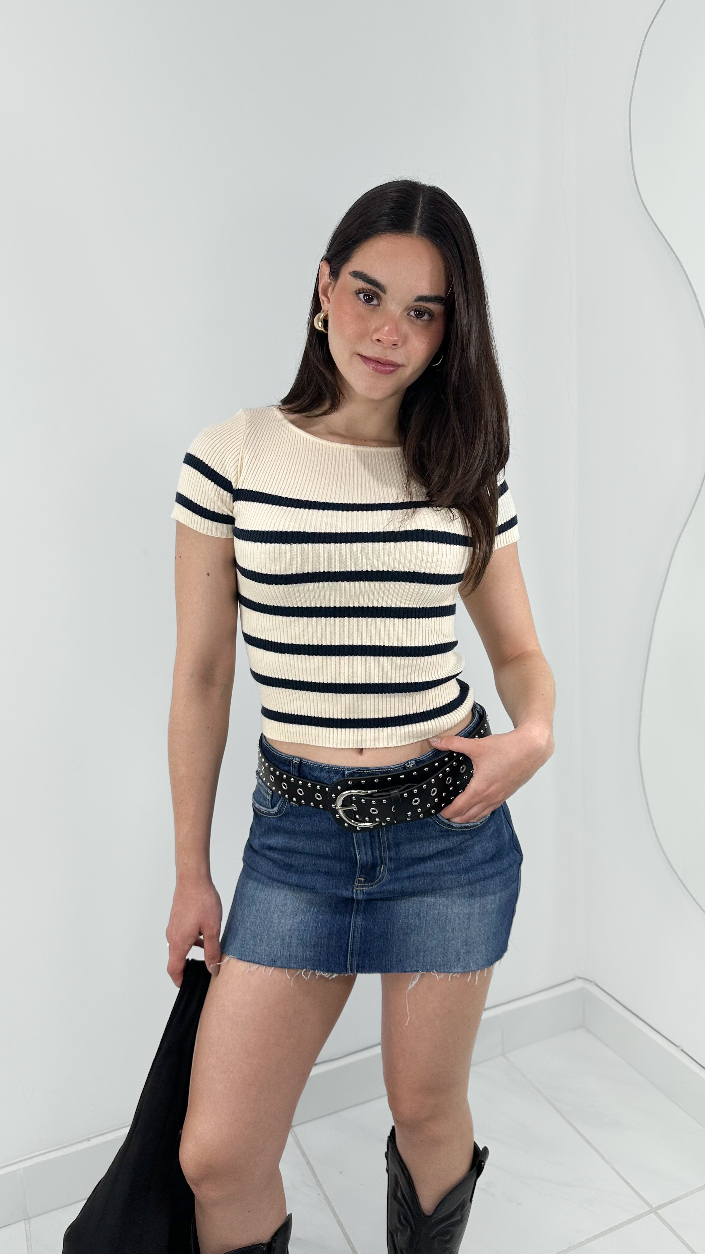 BLUSA MANGA CORTA DE PUNTO NAVY & IVORY