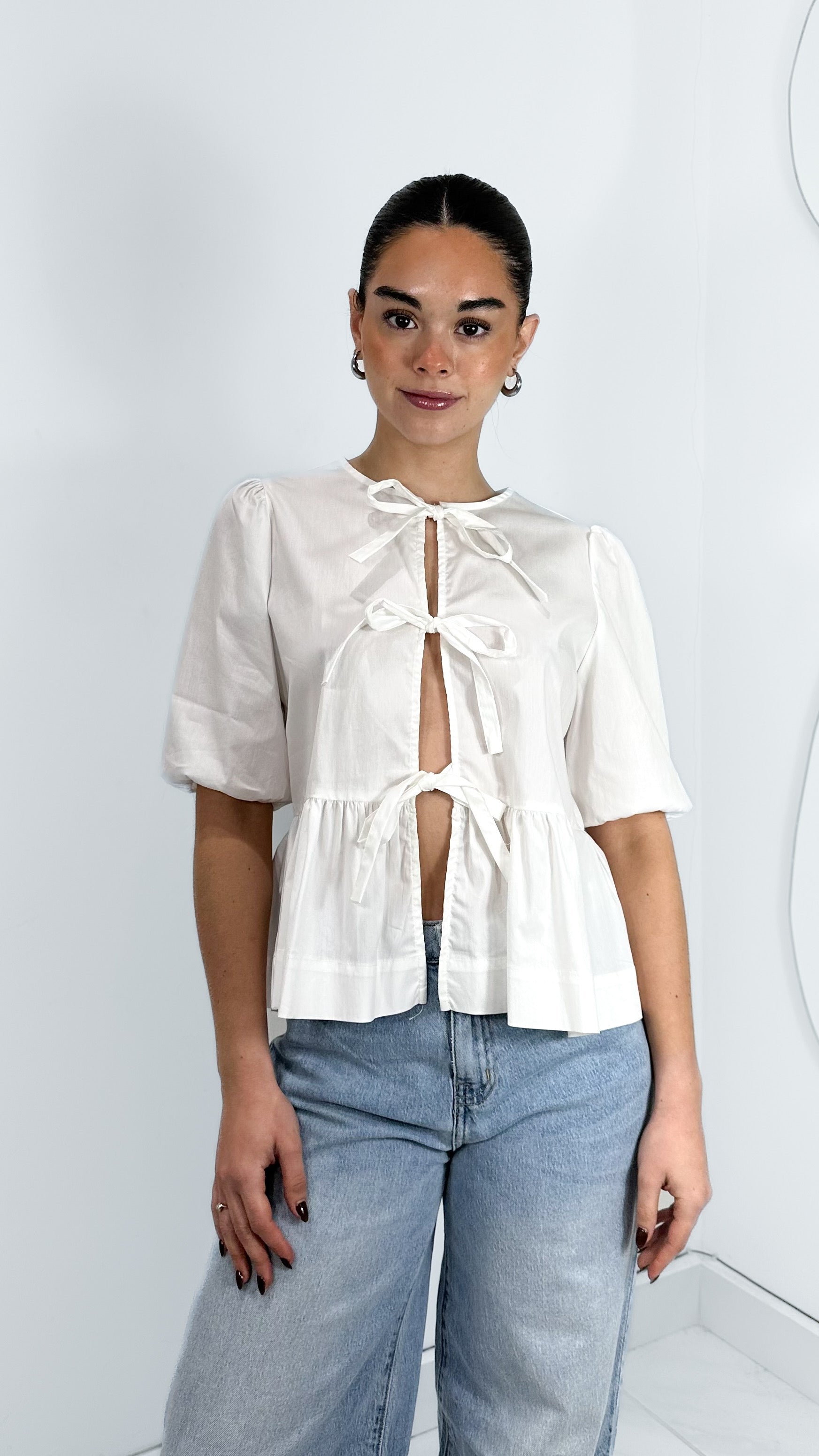 BLUSA FRESCA TRENDY EFECTO LAZOS MANGA 3/4 BLANCA