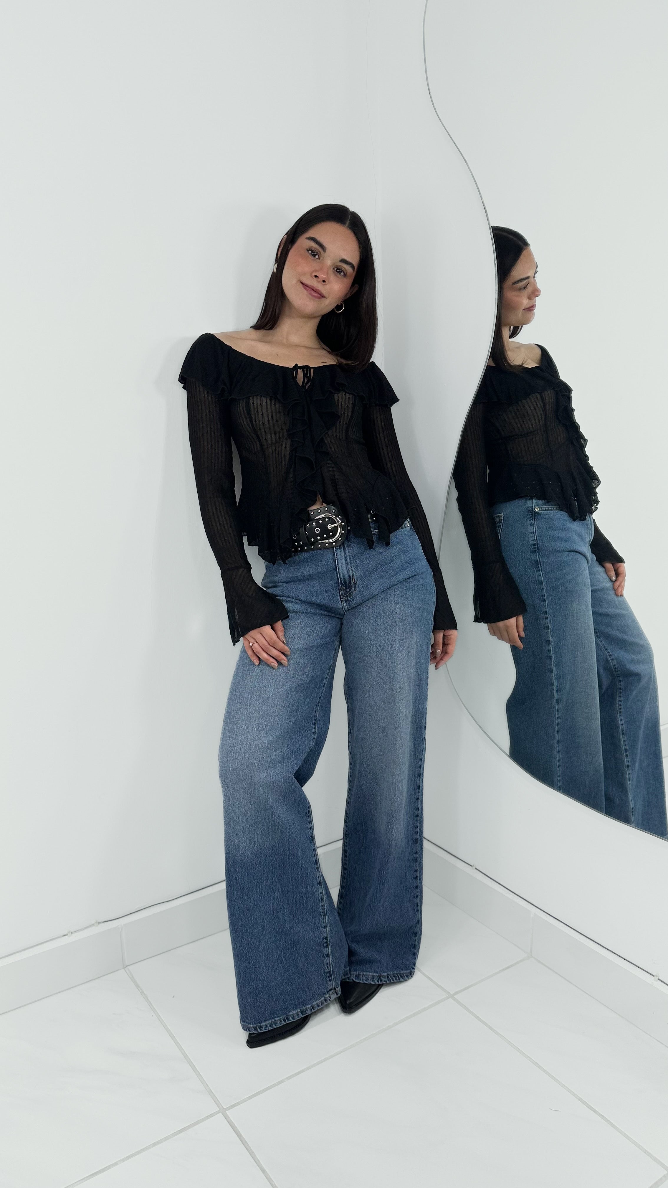 BLUSA OFF SHOULDER VOLANTES NEGRA