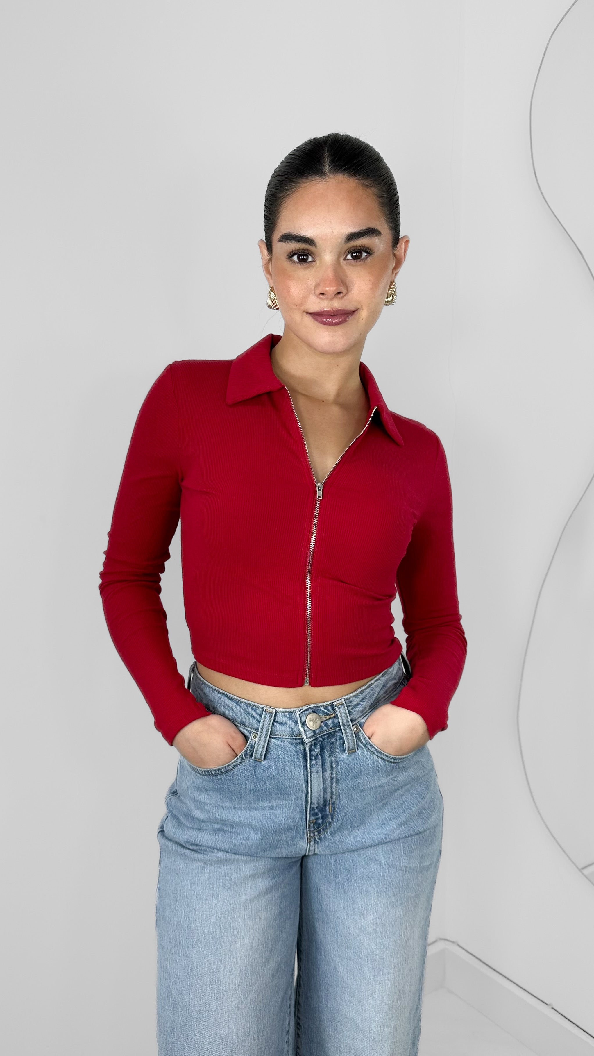 BLUSA TOP MANGA LARGA EFECTO ZIPPER ROJA