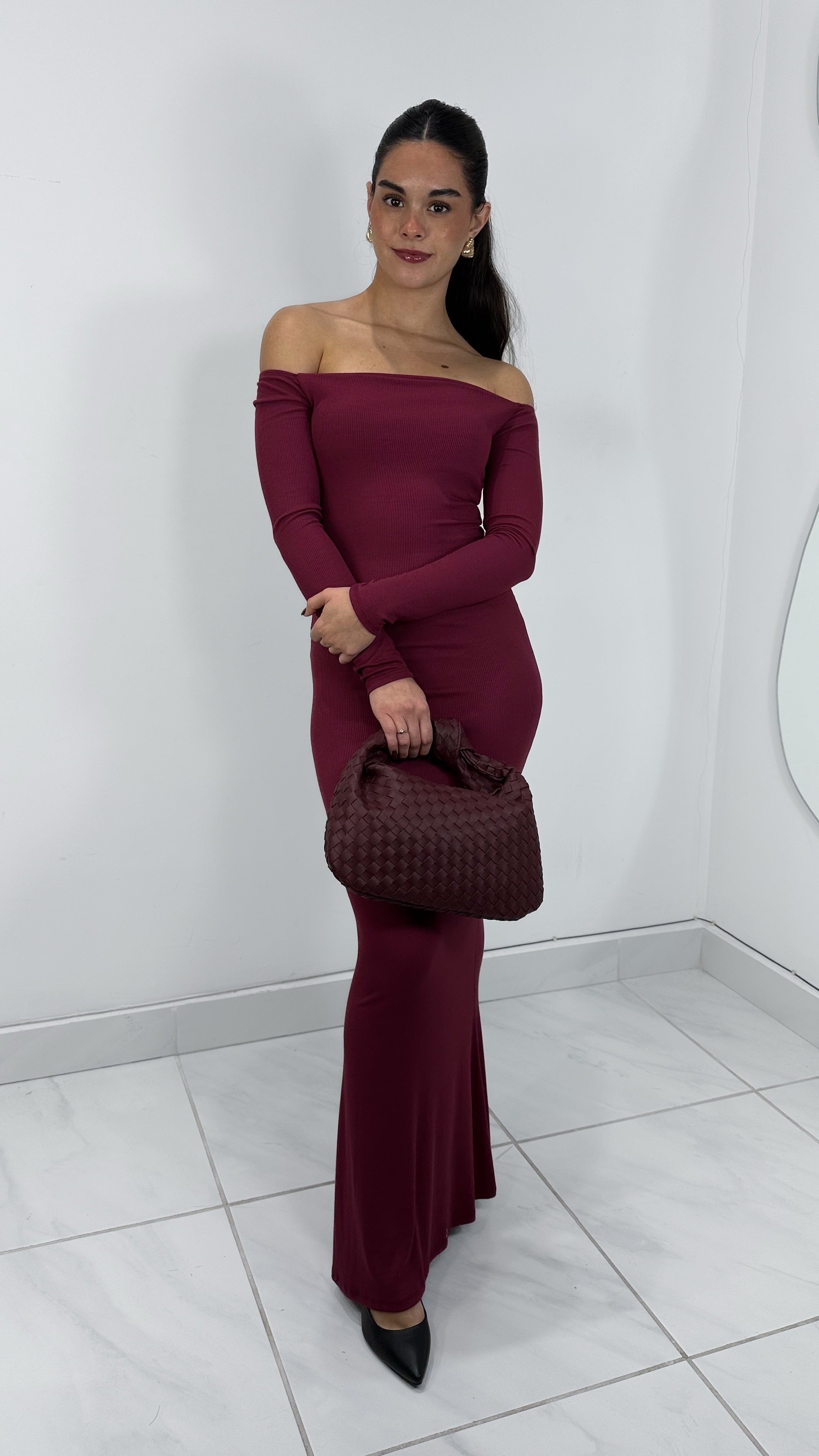 VESTIDO LARGO DOBLE TELA OFF SHOULDER BURGUNDY