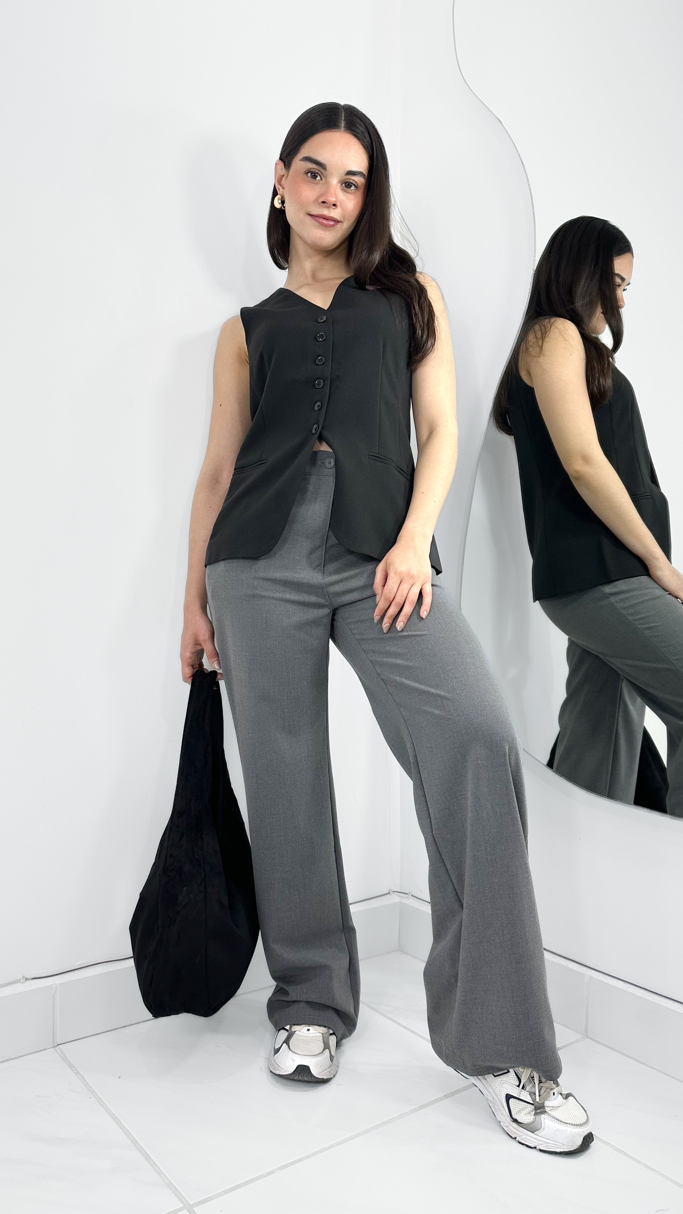 PANTALÓN TIRO ALTO WIDE LEG GRIS ELÁSTICO CINTURA