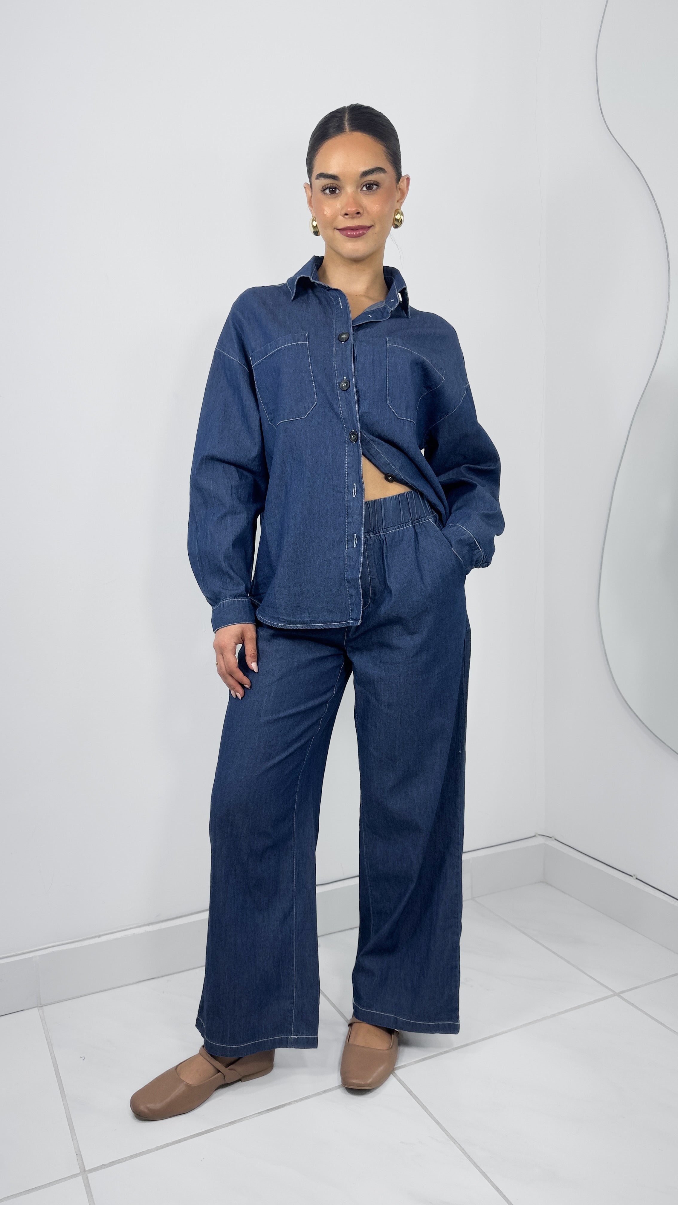 CONJUNTO DENIM CAMISA OVERSIZED & PANTALÓN WIDE LEG FRESCO ALL SUMMER