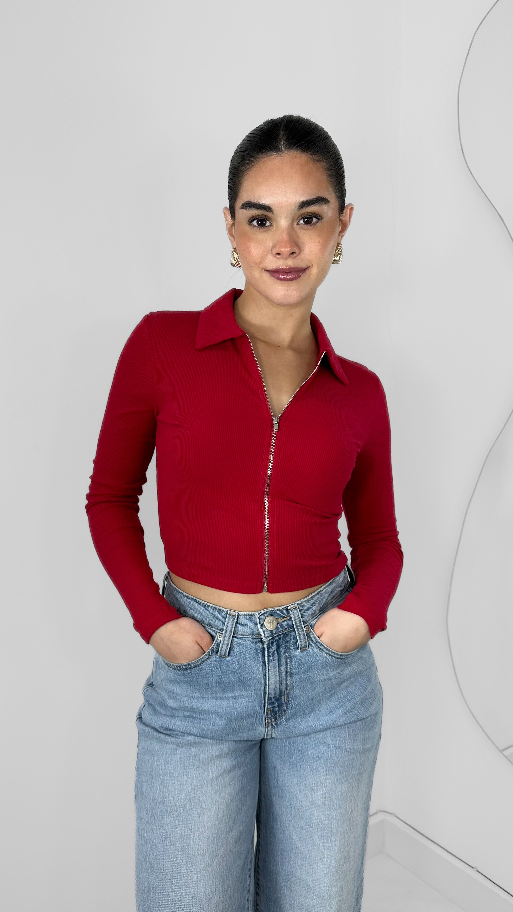 BLUSA TOP MANGA LARGA EFECTO ZIPPER ROJA