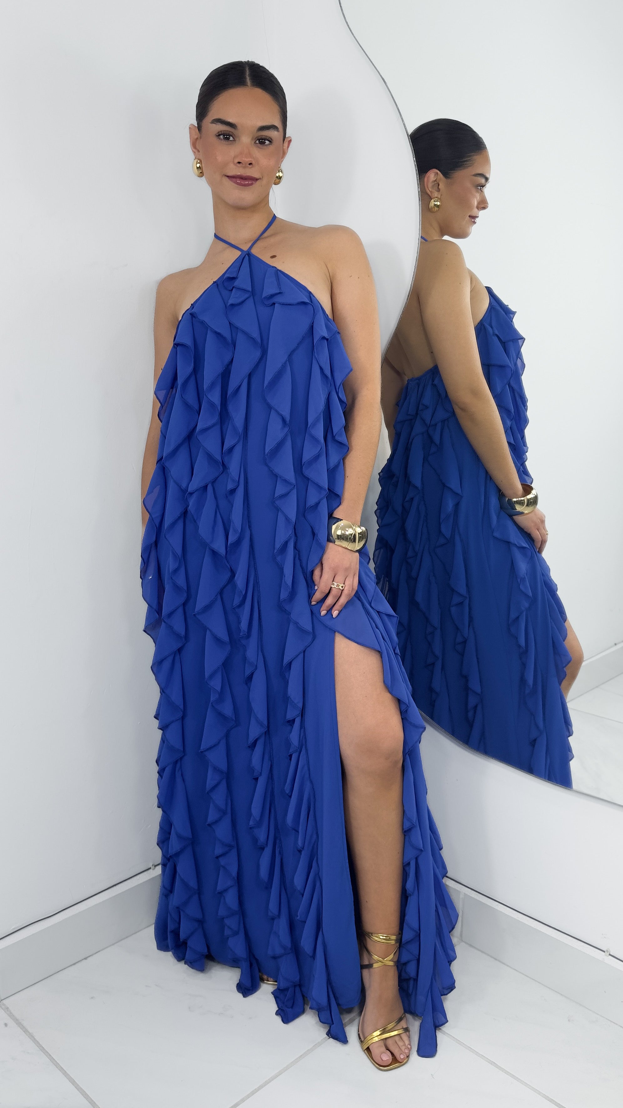 VESTIDO HALTER VOLANTES ABERTURA PIERNA ROYAL BLUE