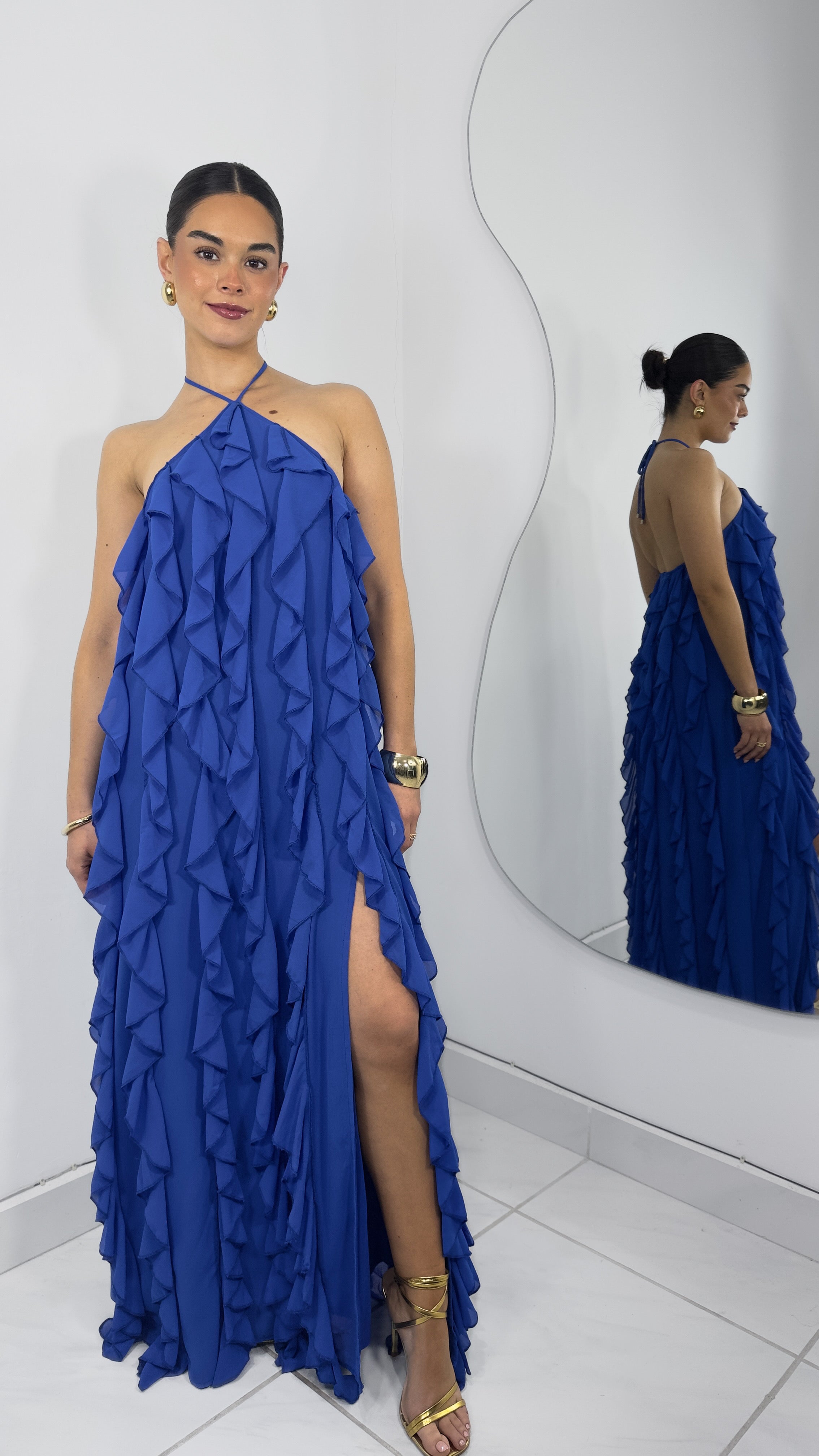 VESTIDO HALTER VOLANTES ABERTURA PIERNA ROYAL BLUE