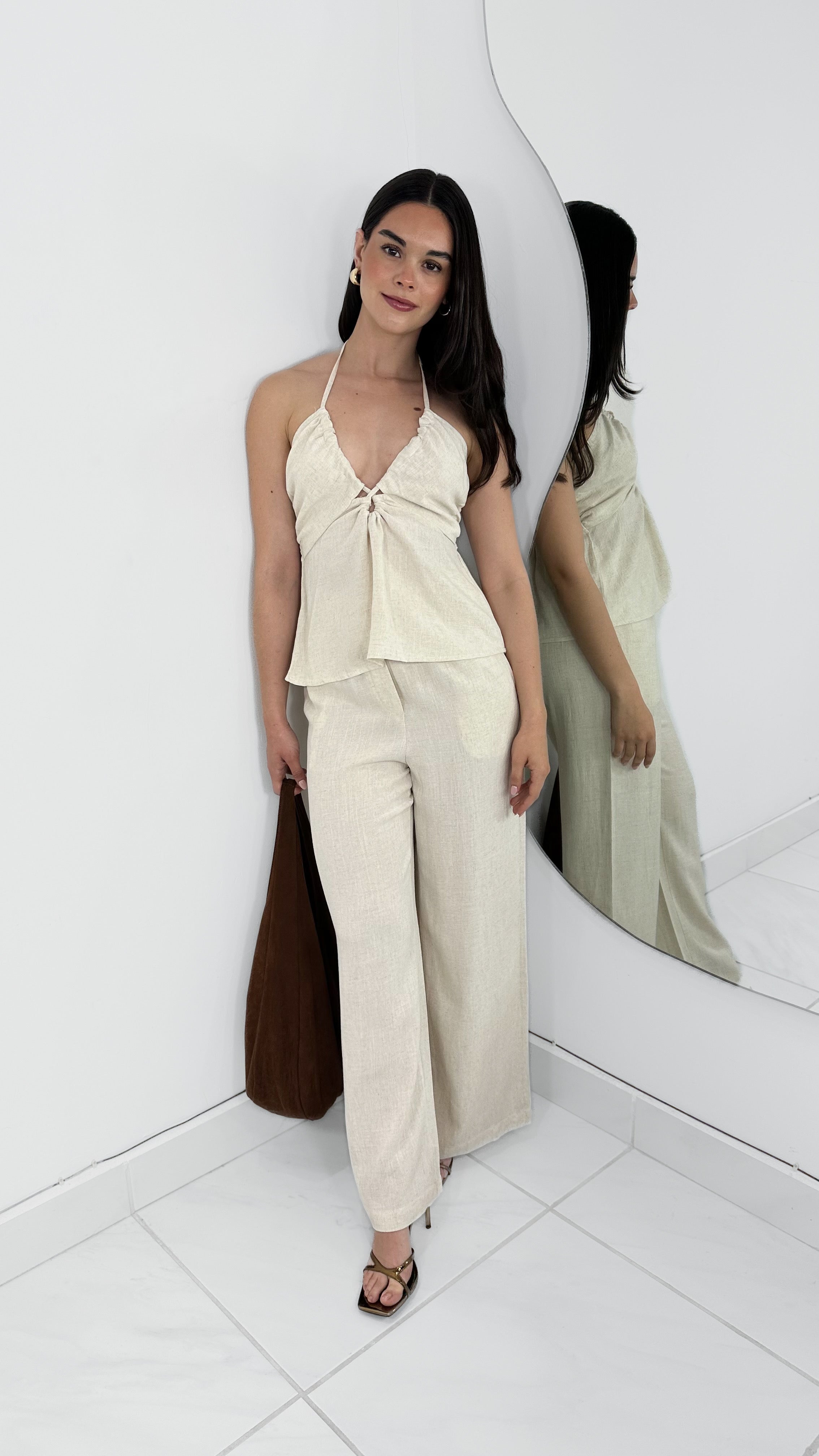 NEUTRAL HALTER SET - CONJUNTO DE LINO BEIGE HALTER WIDE LEG