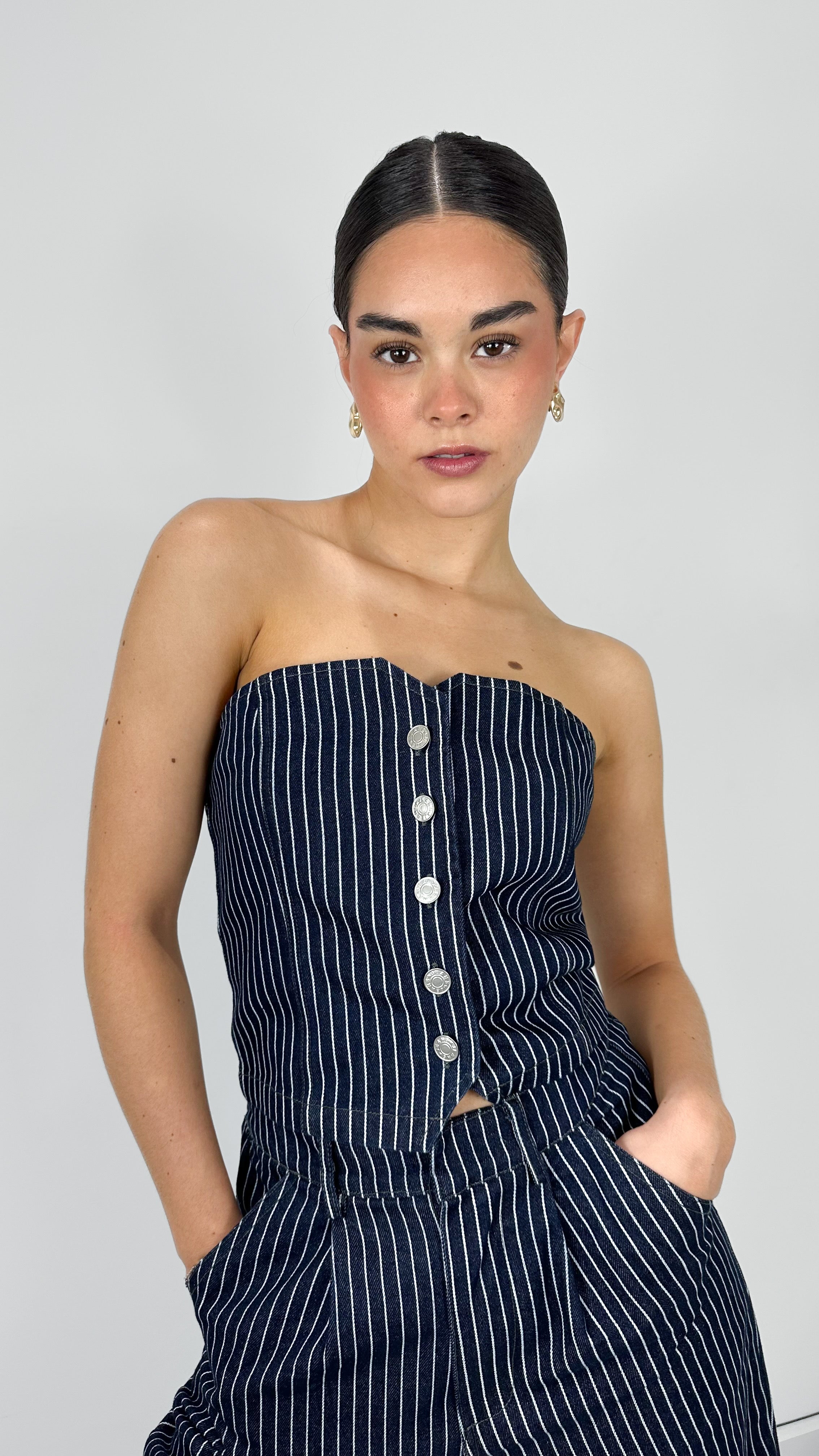 BLUSA STRAPLESS DENIM RAYADA