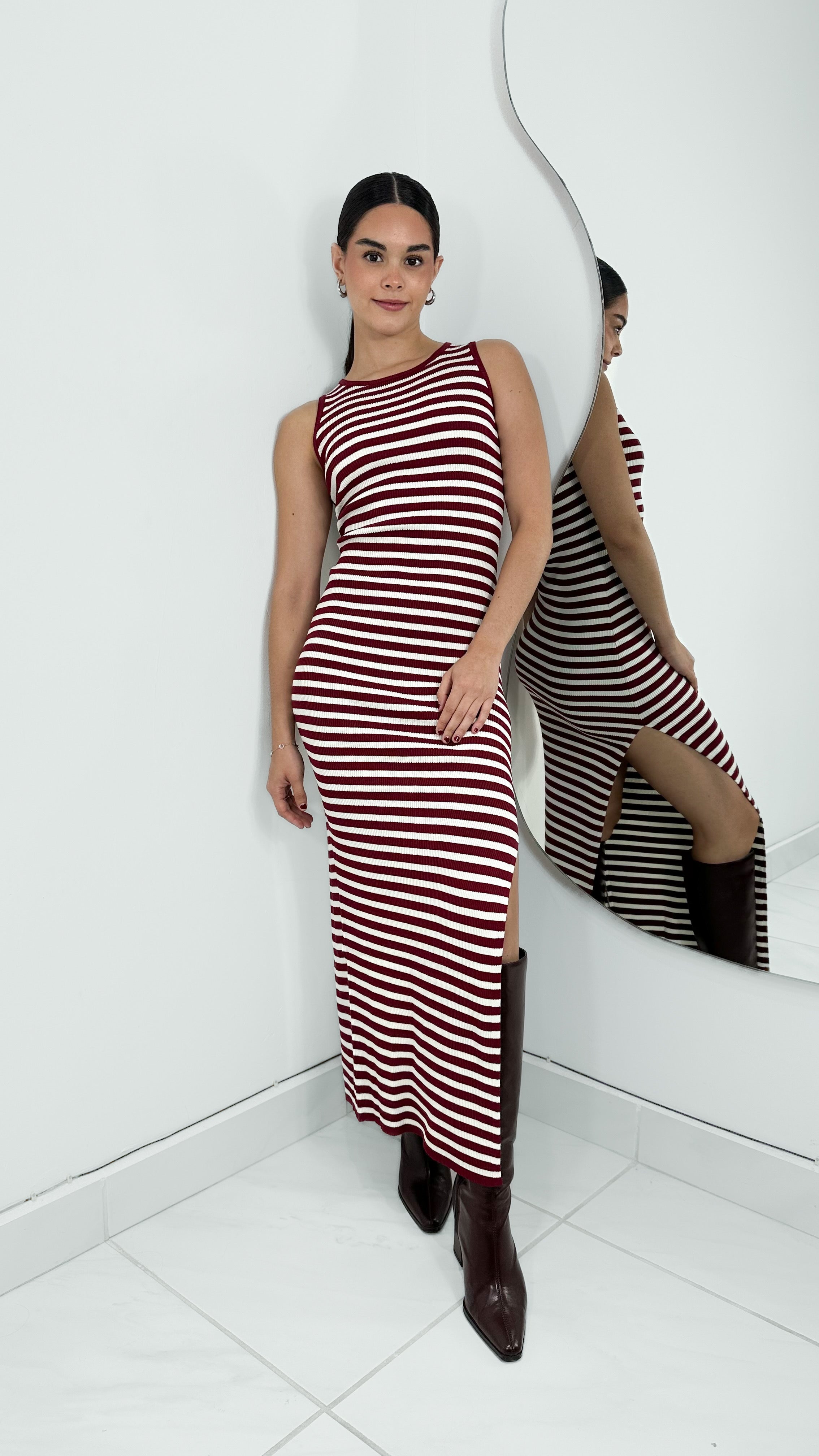 B STRIPED MAXI DRESS - BURGUNDY