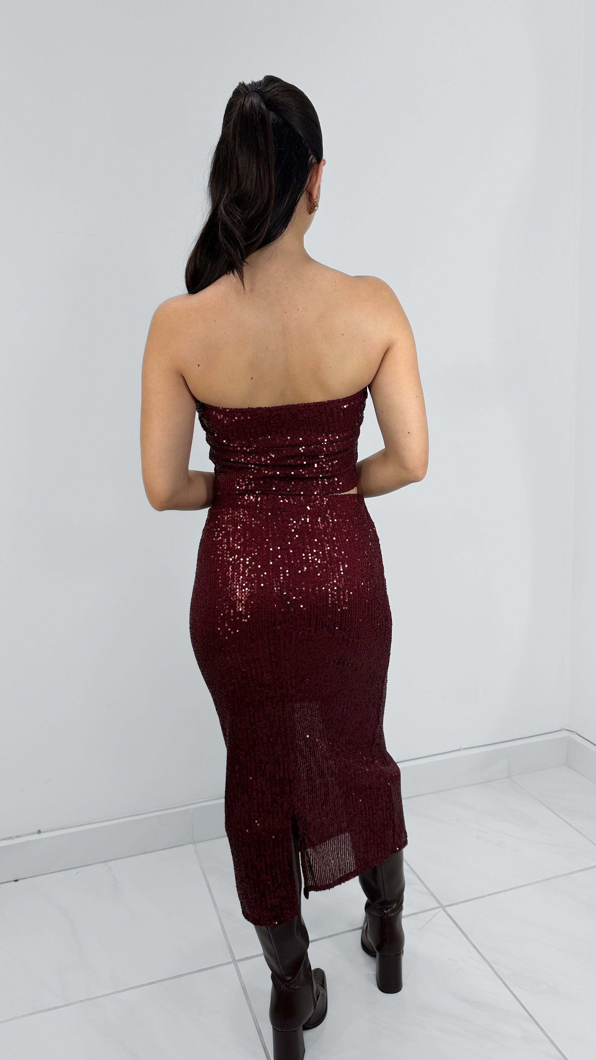 TOP STRAPLESS SEQUIN BURGUNDY