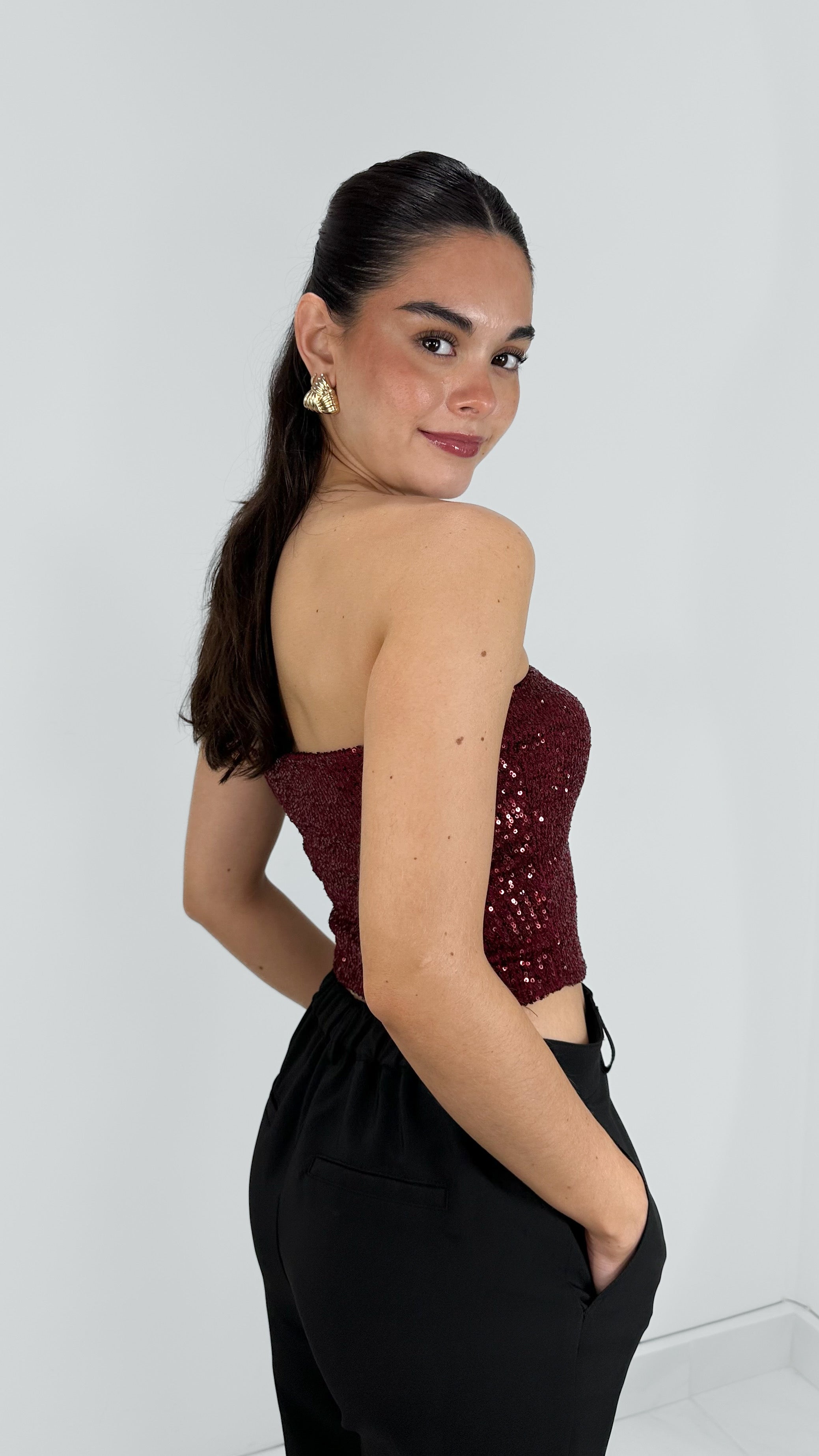 TOP STRAPLESS SEQUIN BURGUNDY