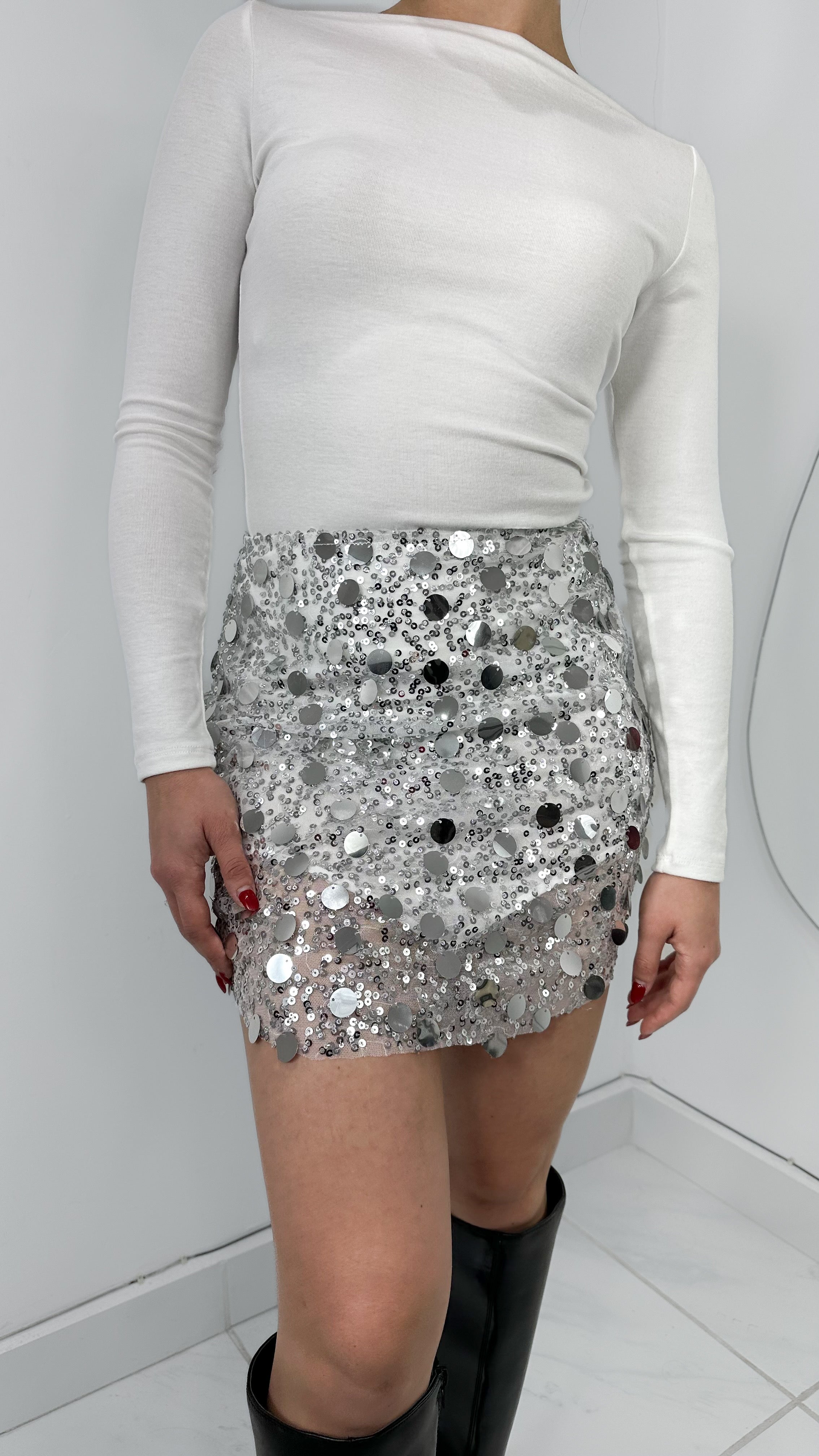 FALDA TIRO ALTO SILVER SEQUIN