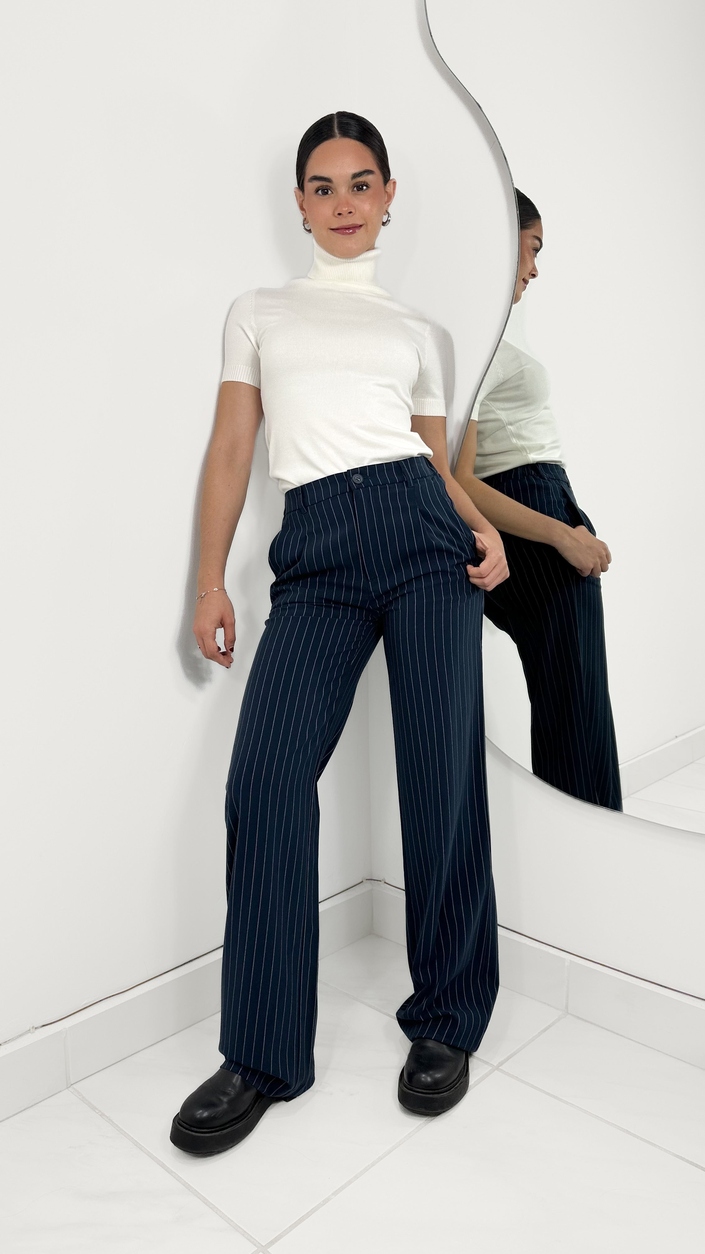 B STRIPED HIGH WAISTED PANTS - NAVY