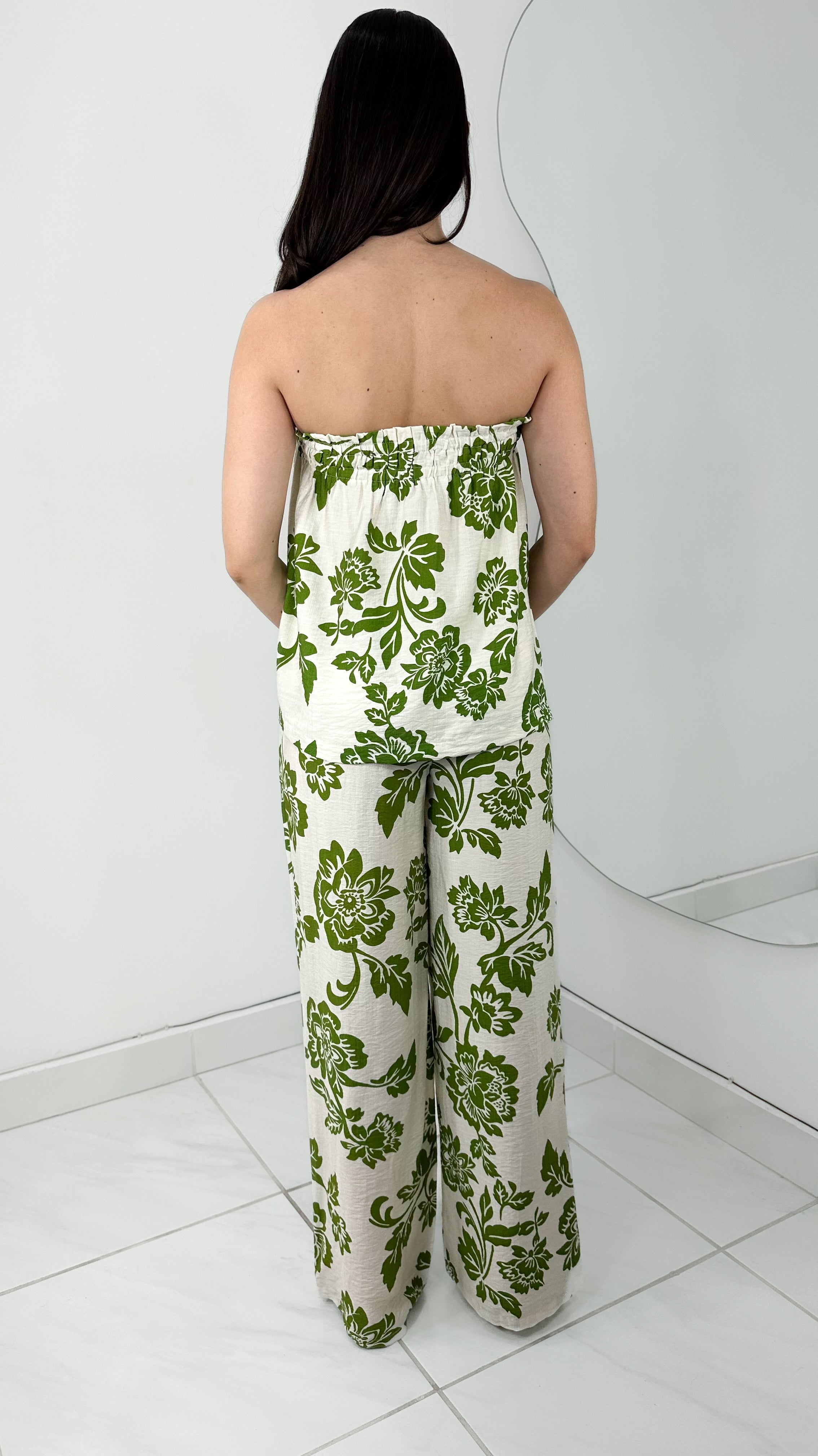 GREENY DAYS SET - CONJUNTO WIDE LEG & BLUSA STRAPLESS FLOREADA VERDE