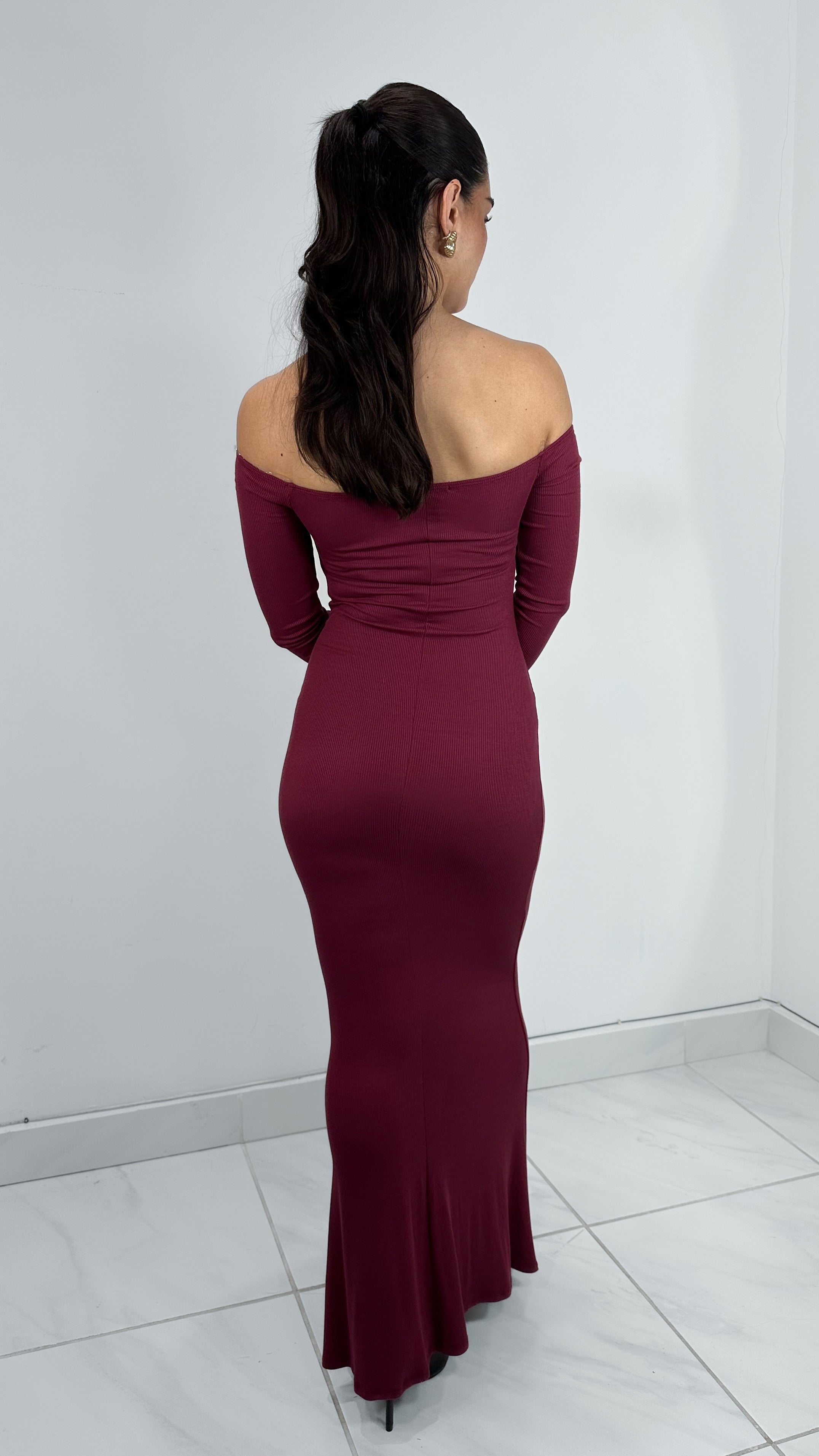 VESTIDO LARGO DOBLE TELA OFF SHOULDER BURGUNDY