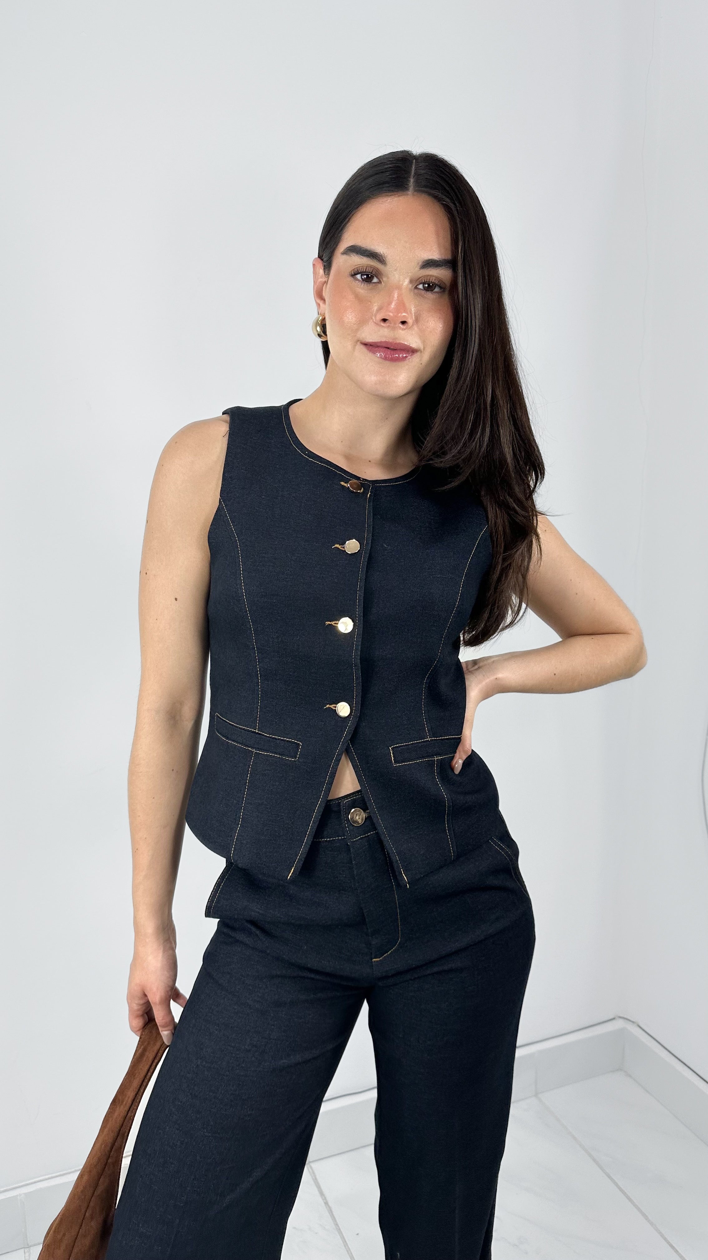 BLUSA MAXI CHALECO BOTONES DORADOS DARK DENIM