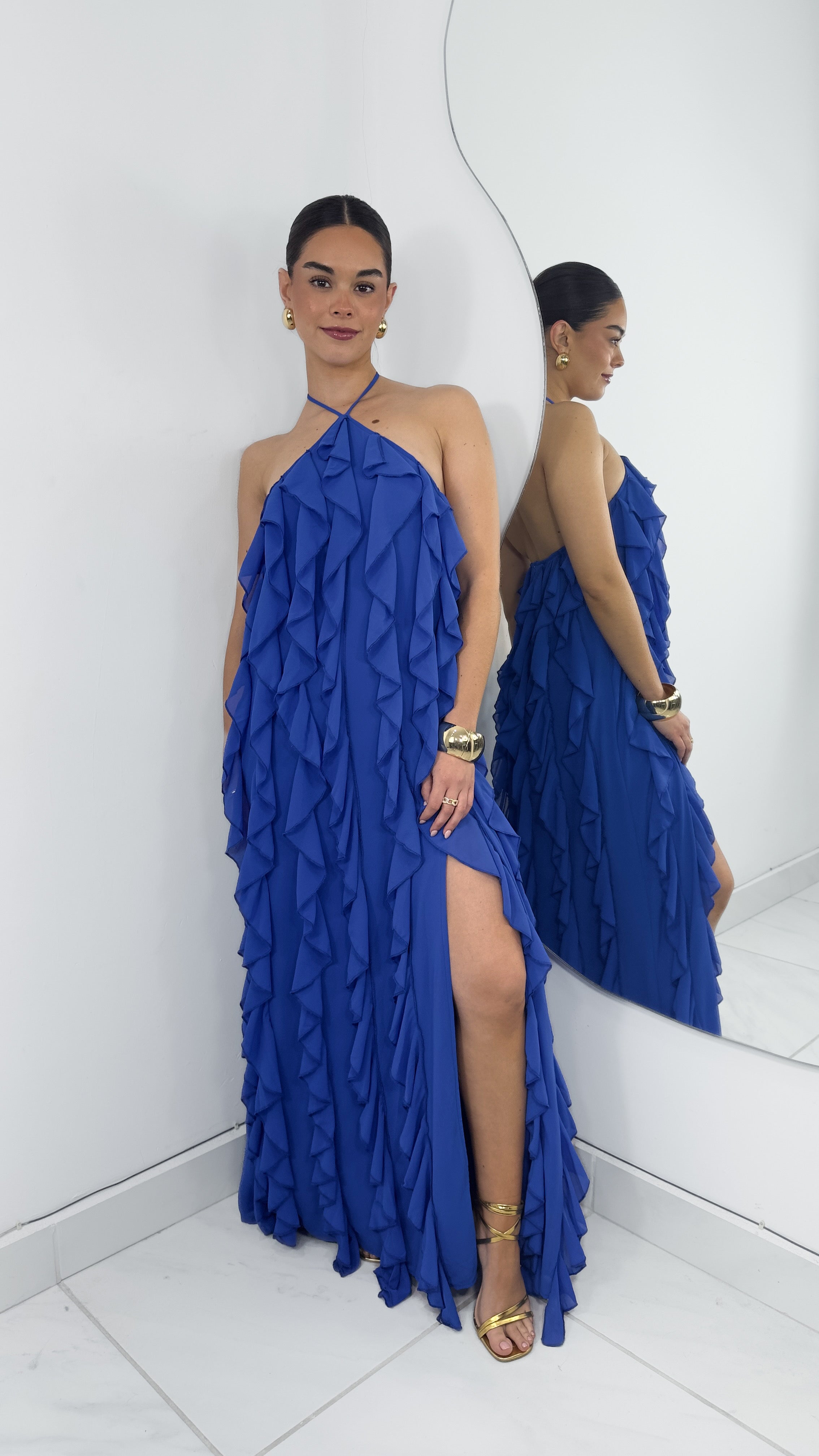 VESTIDO HALTER VOLANTES ABERTURA PIERNA ROYAL BLUE