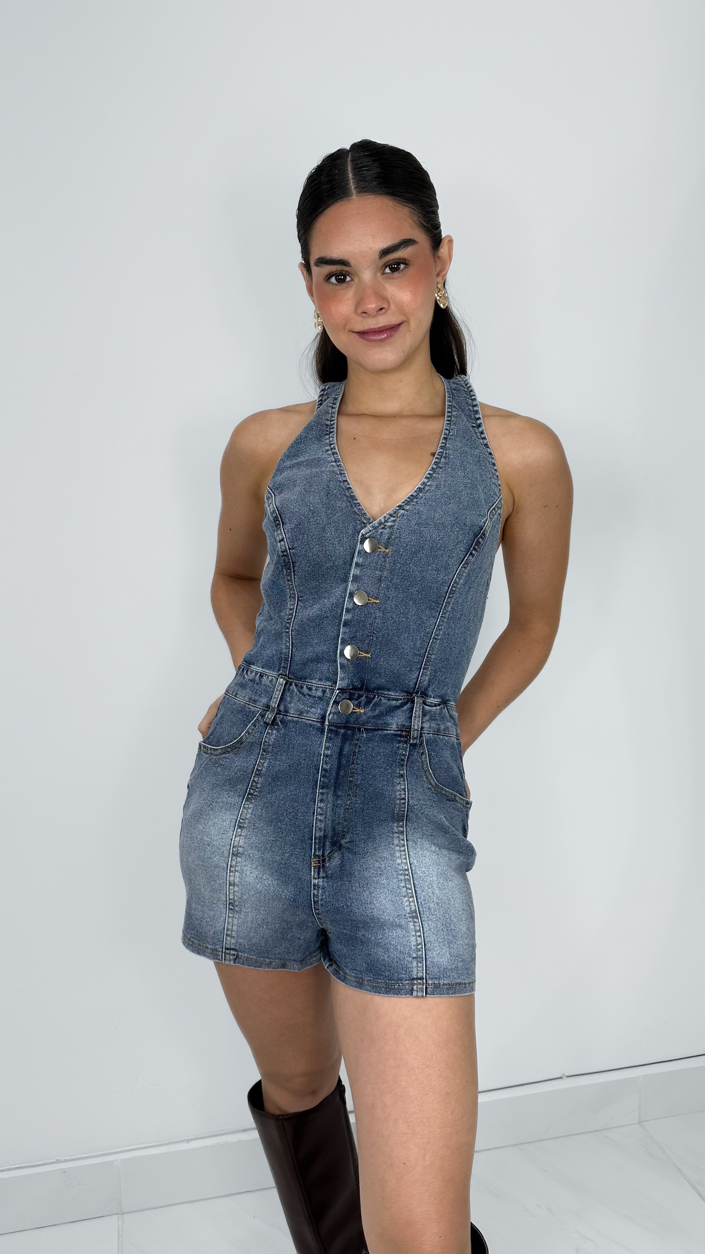 B HALTER DENIM ROMPER