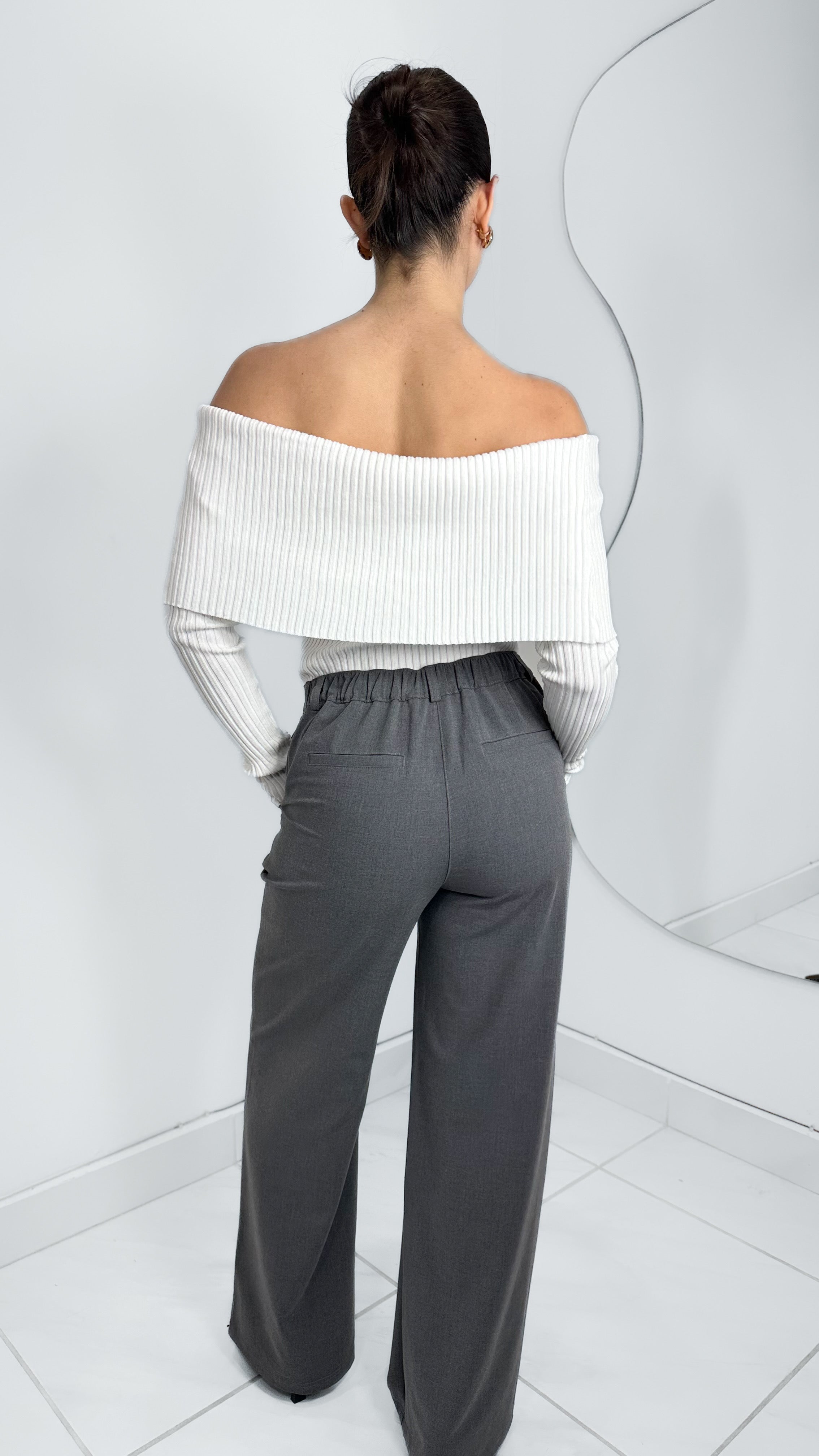 PANTALÓN TIRO ALTO WIDE LEG GRIS ELÁSTICO CINTURA