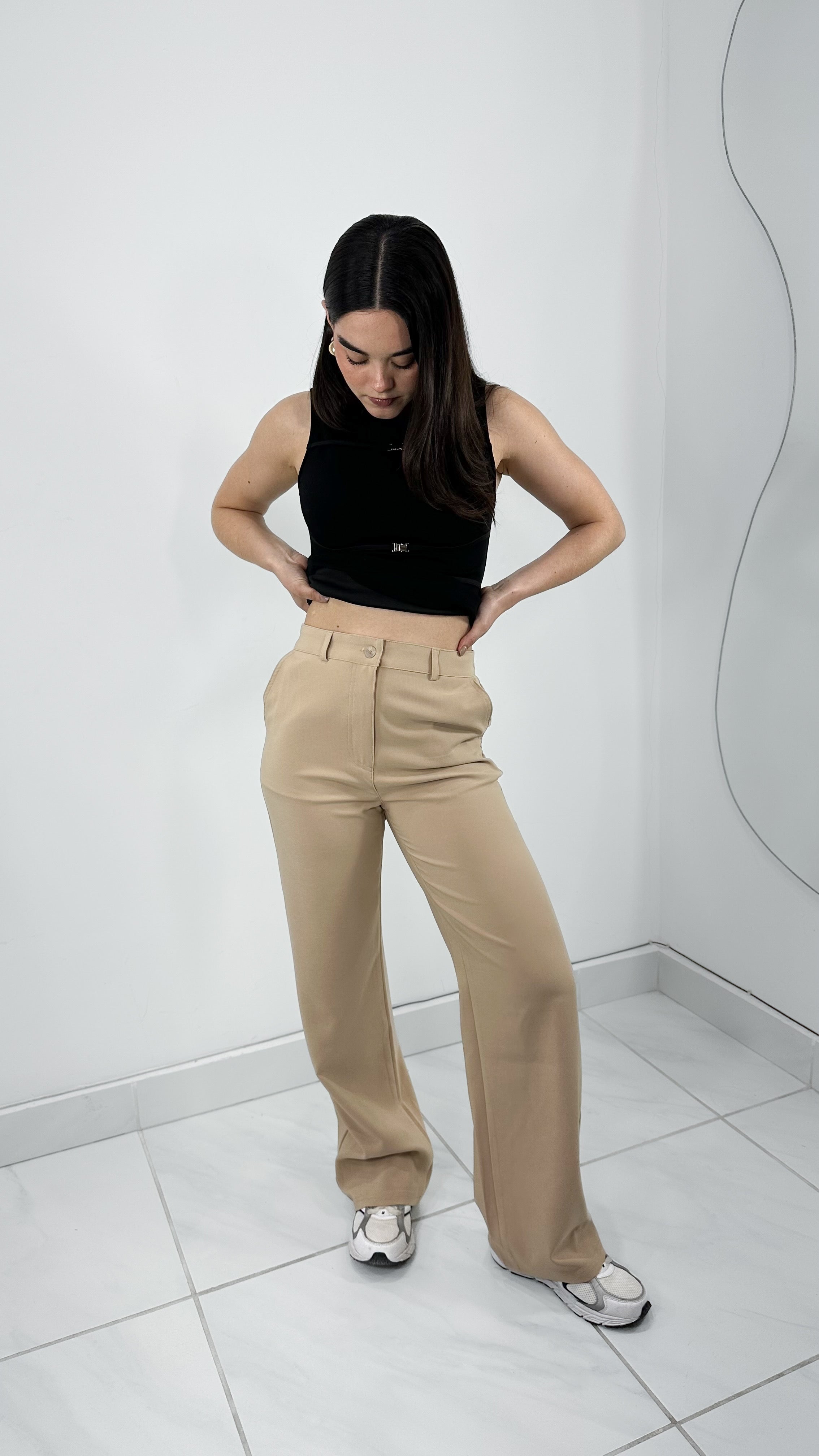 PANTALÓN TIRO ALTO WIDE LEG KHAKI ELÁSTICO CINTURA