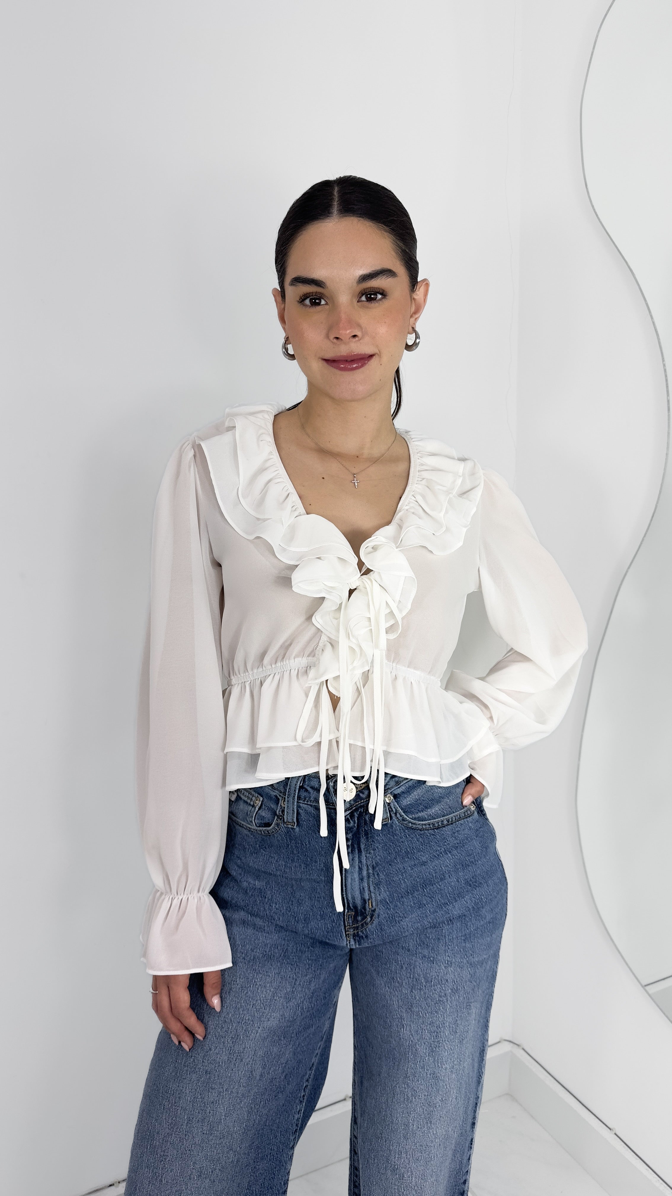 BLUSA MANGA LARGA VOLANTES BOHO BLANCA