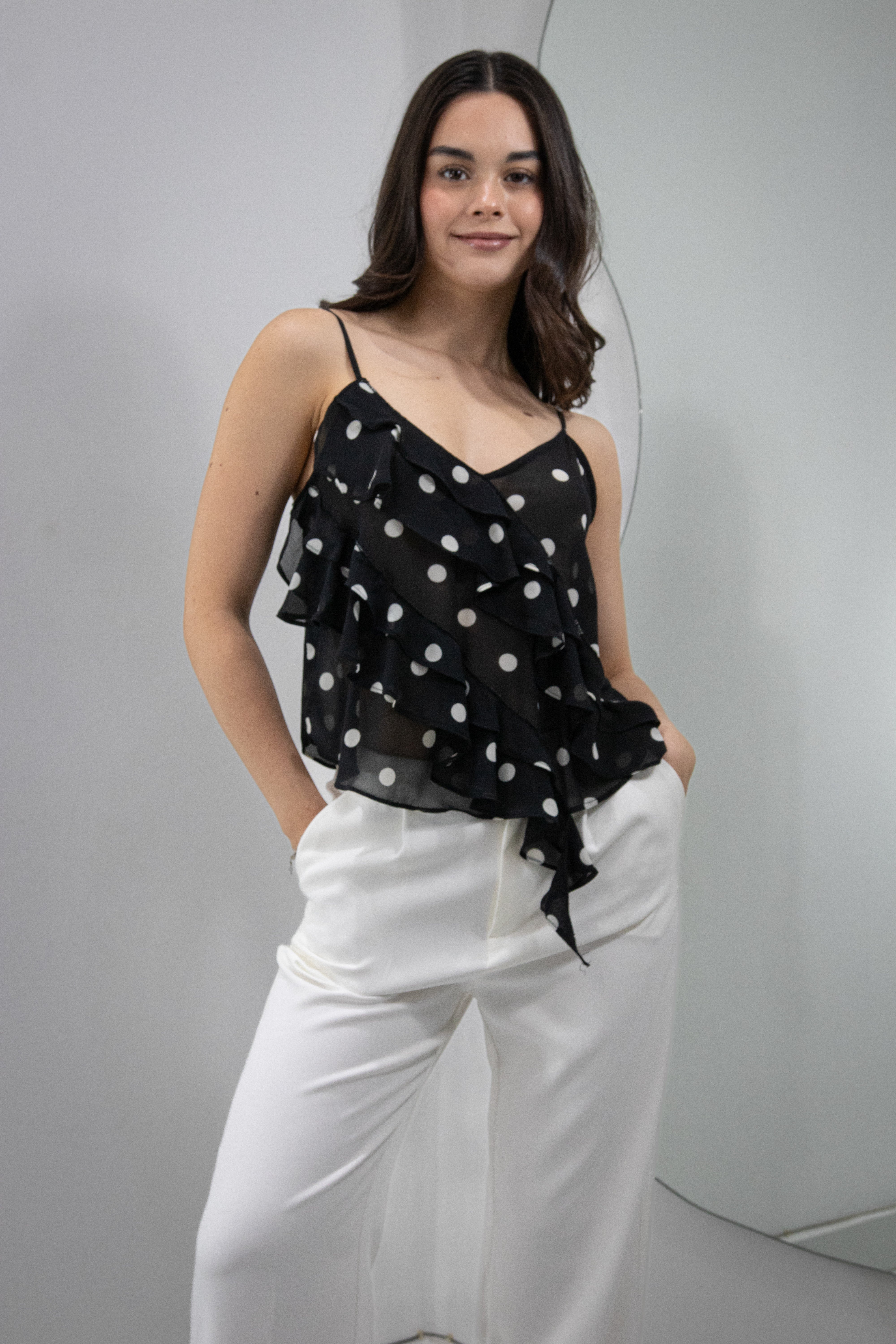 BLUSA TIRANTES POLKA DOTS VOLANTES BLACK